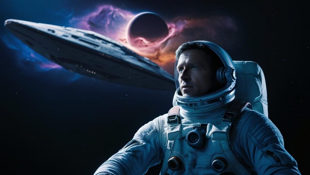 Ein Astronaut treibt im Weltall.